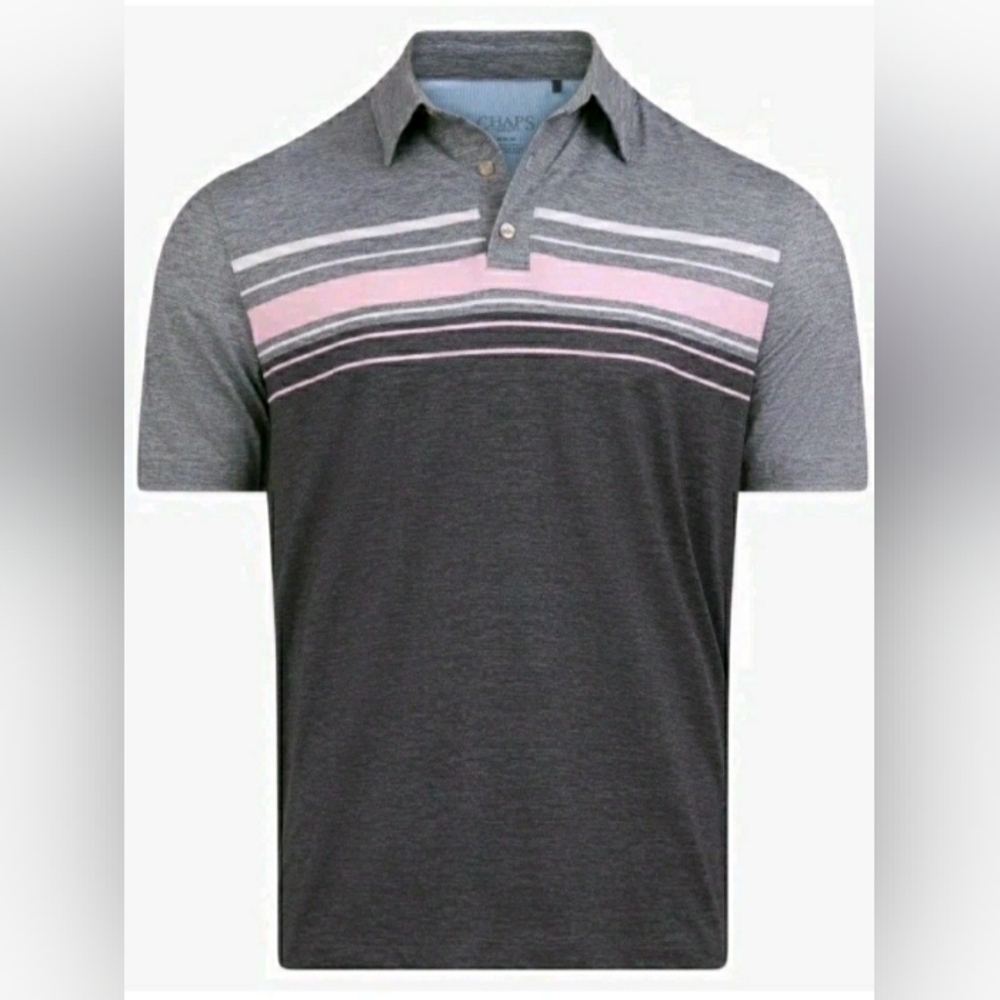 Chaps Charcoal and Light Pink Striped Polo Shirt
